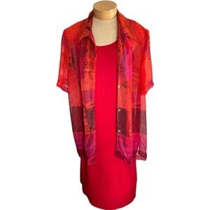 K‎ Woman 2-Piece Red Women's Dress Set Vintage Sheer Overlay Blouse Size 20W